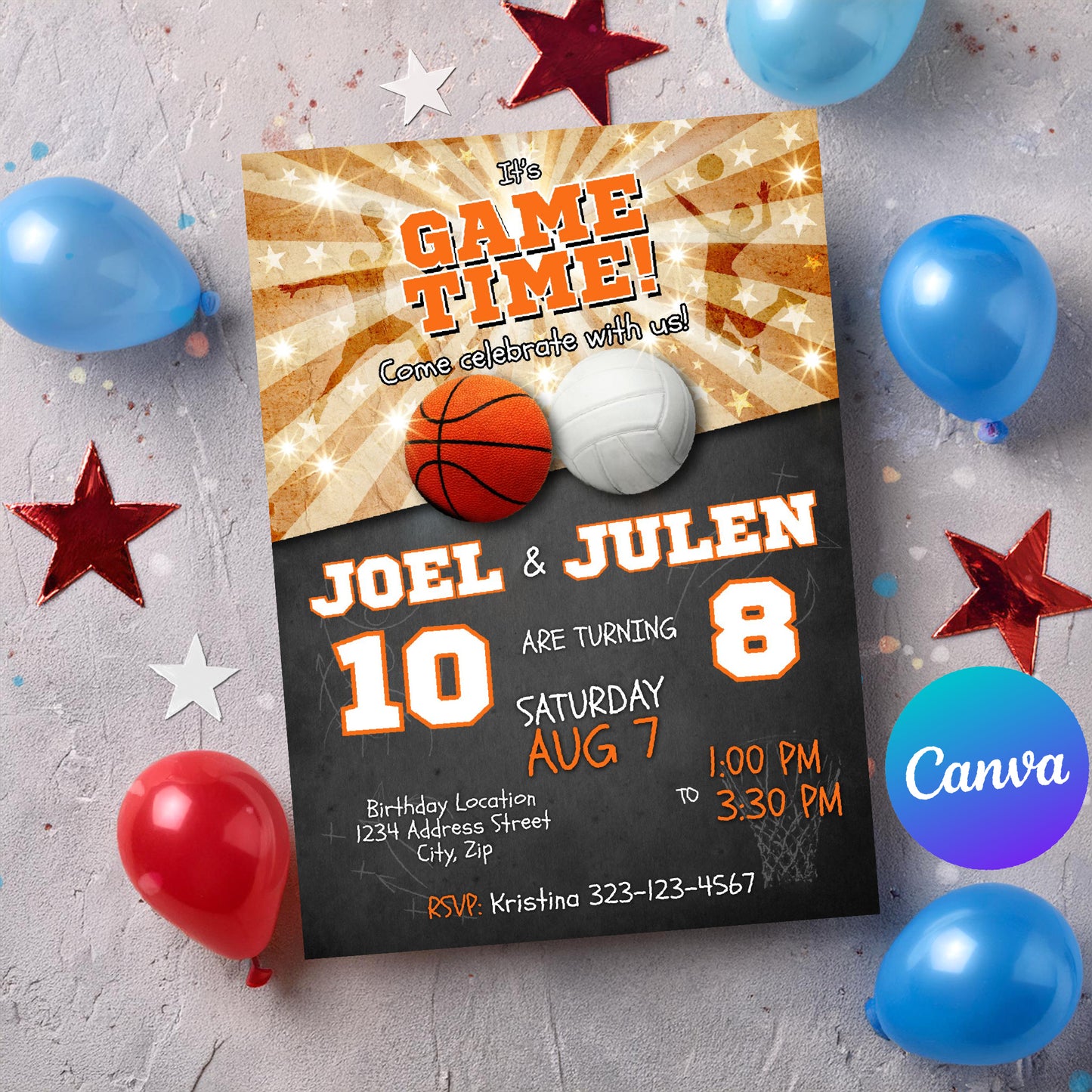 Sports Birthday Invitation | Basketball & Volleyball Joint Party