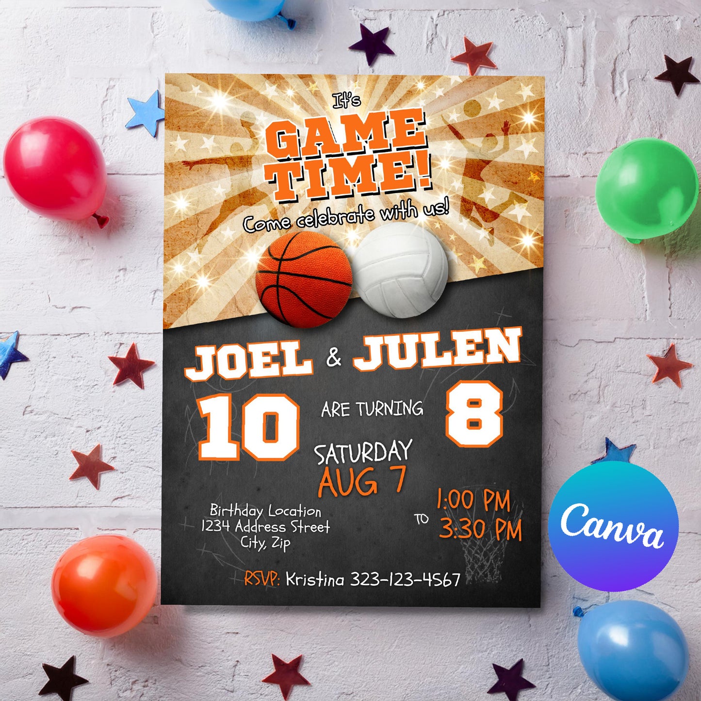 Sports Birthday Invitation | Basketball & Volleyball Joint Party