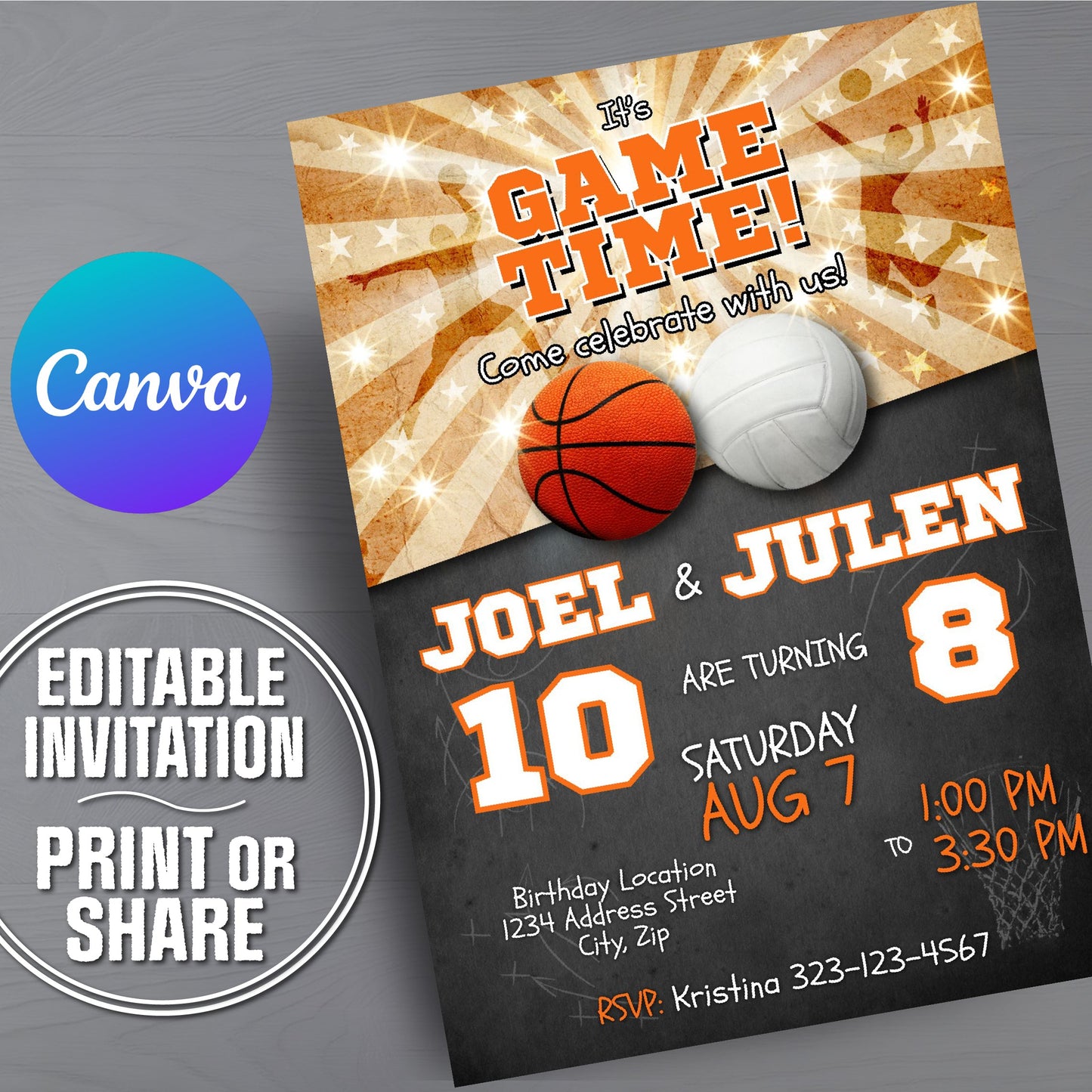 Invitation card for a birthday party with basketball and soccer ball design, featuring the Canva logo.