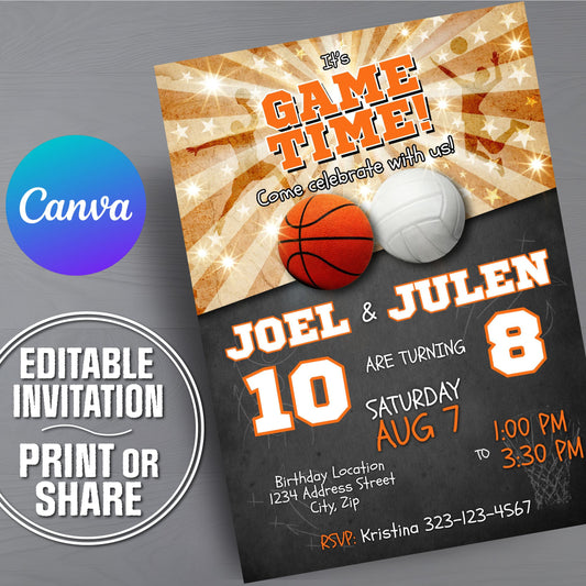 Invitation card for a birthday party with basketball and soccer ball design, featuring the Canva logo.