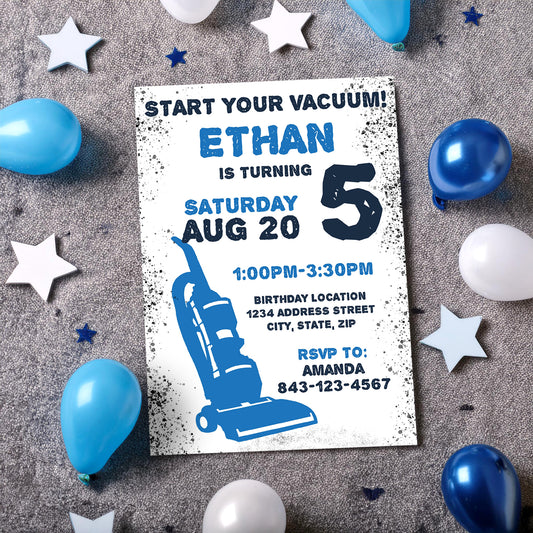 Vacuum cleaner birthday invitation kids rsvp editable digital invite BLUE