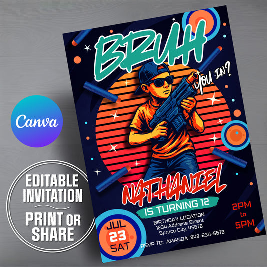Dart Gun Birthday Invite | Bruh You In Party Invitation for Teens