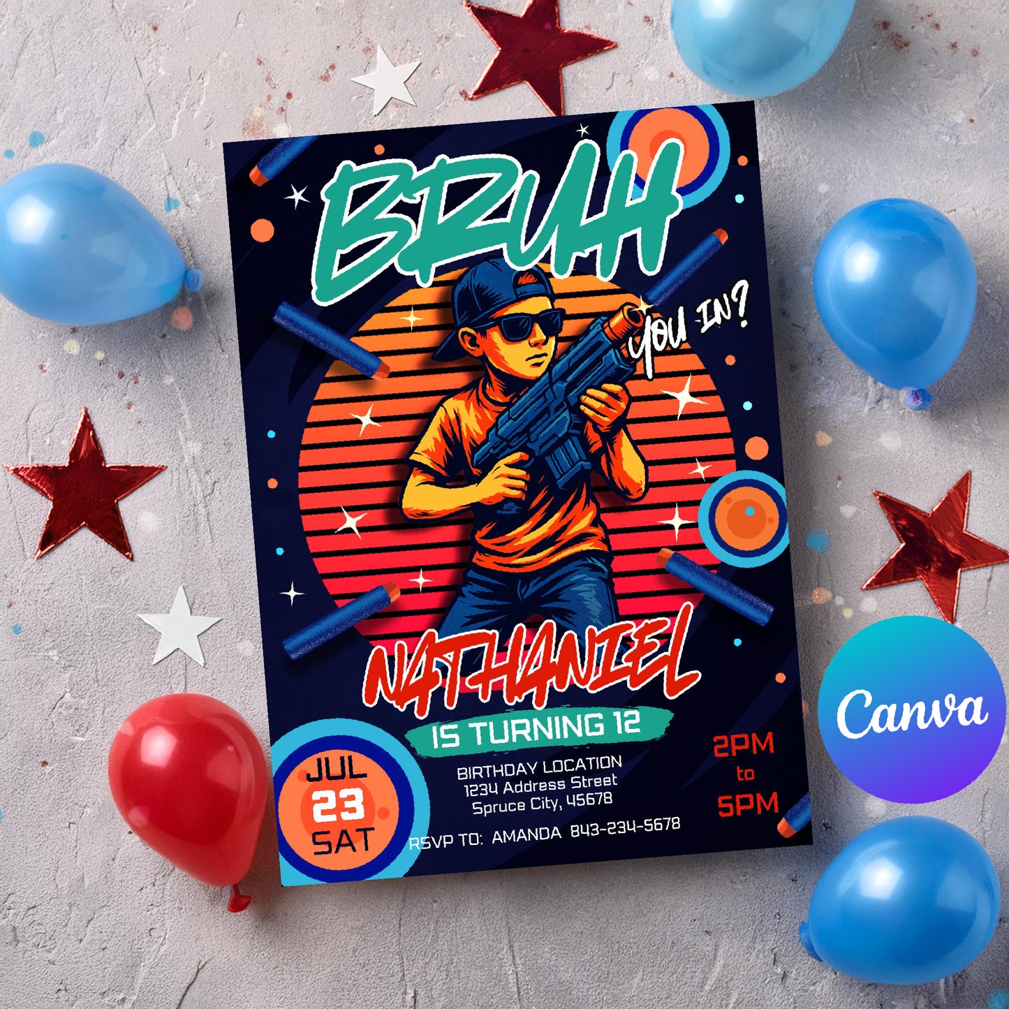 Dart Gun Birthday Invite | Bruh You In Party Invitation for Teens