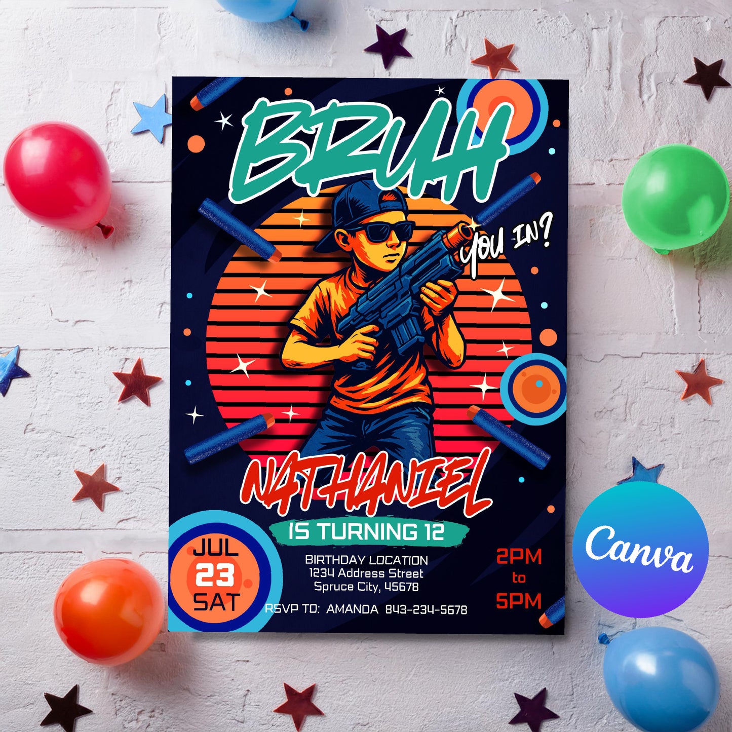 Dart Gun Birthday Invite | Bruh You In Party Invitation for Teens