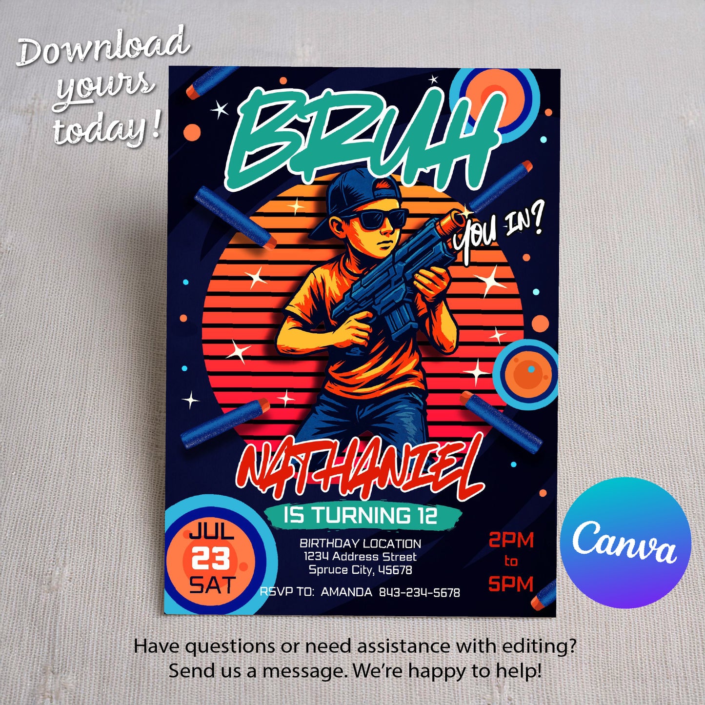 Dart Gun Birthday Invite | Bruh You In Party Invitation for Teens
