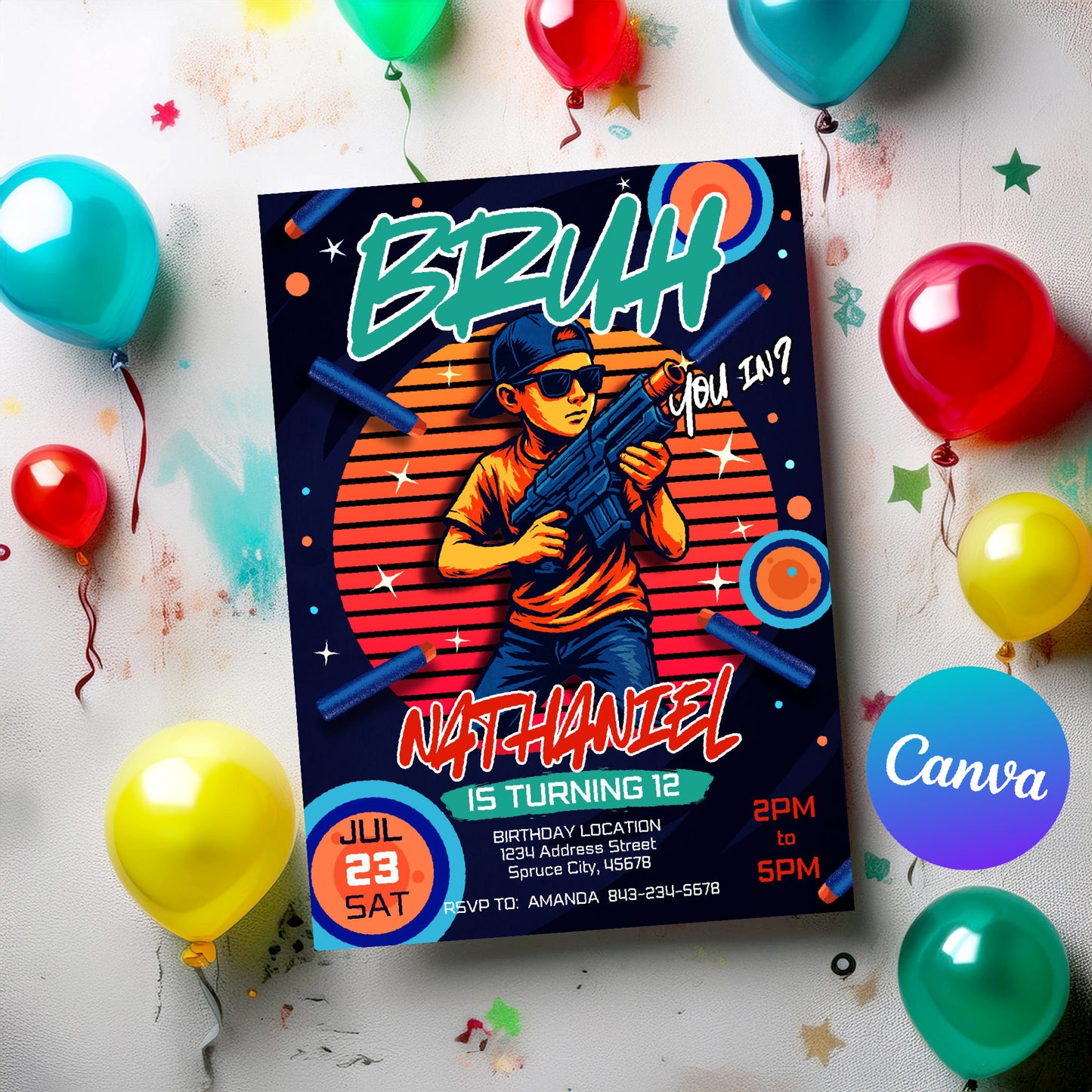 Dart Gun Birthday Invite | Bruh You In Party Invitation for Teens