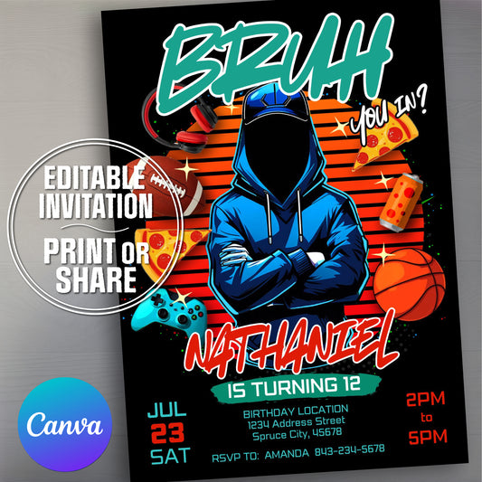 Bruh You In gaming birthday invitation.