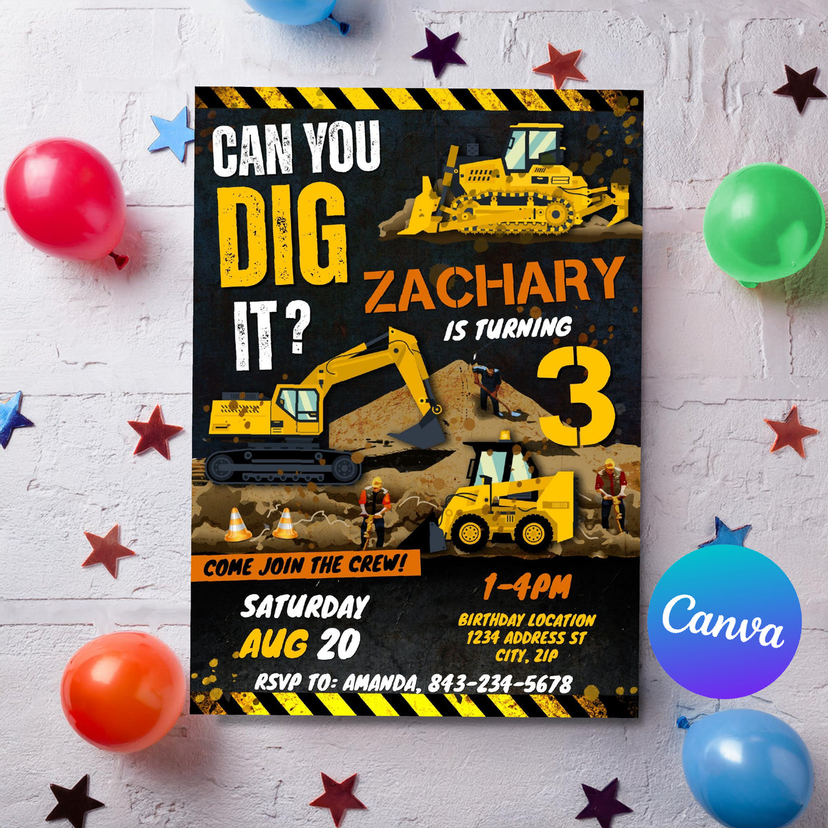 Construction Digger & Bulldozer Invitation Template