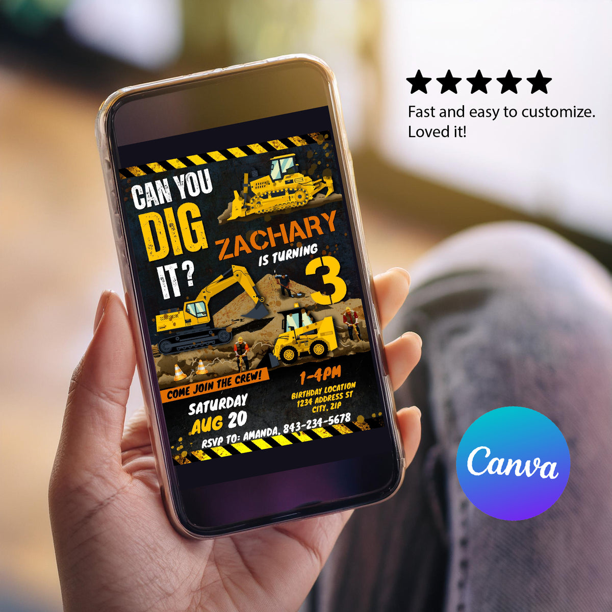 Construction Digger & Bulldozer Invitation Template