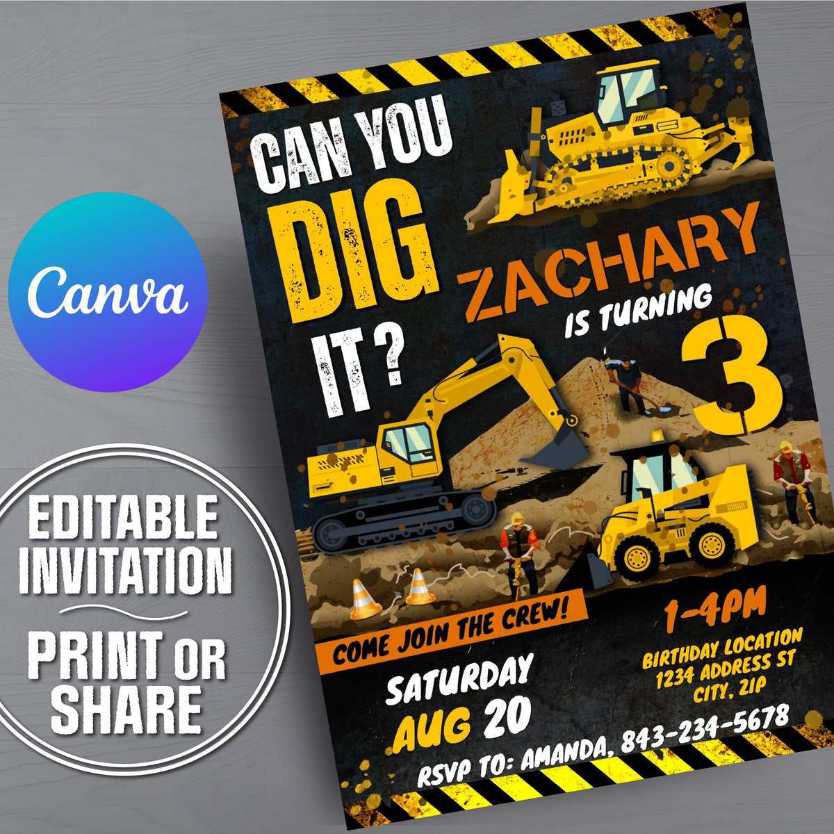 A construction themed birthday invitation template for Zachary's 3rd birthday, featuring a black and yellow design with illustrations of a bulldozer, excavator, and loader. The image includes promotional badges for Canva, editable invitation, and print or share.