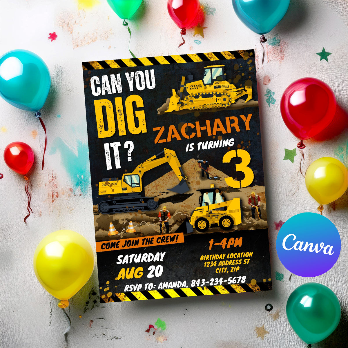 Construction Digger & Bulldozer Invitation Template