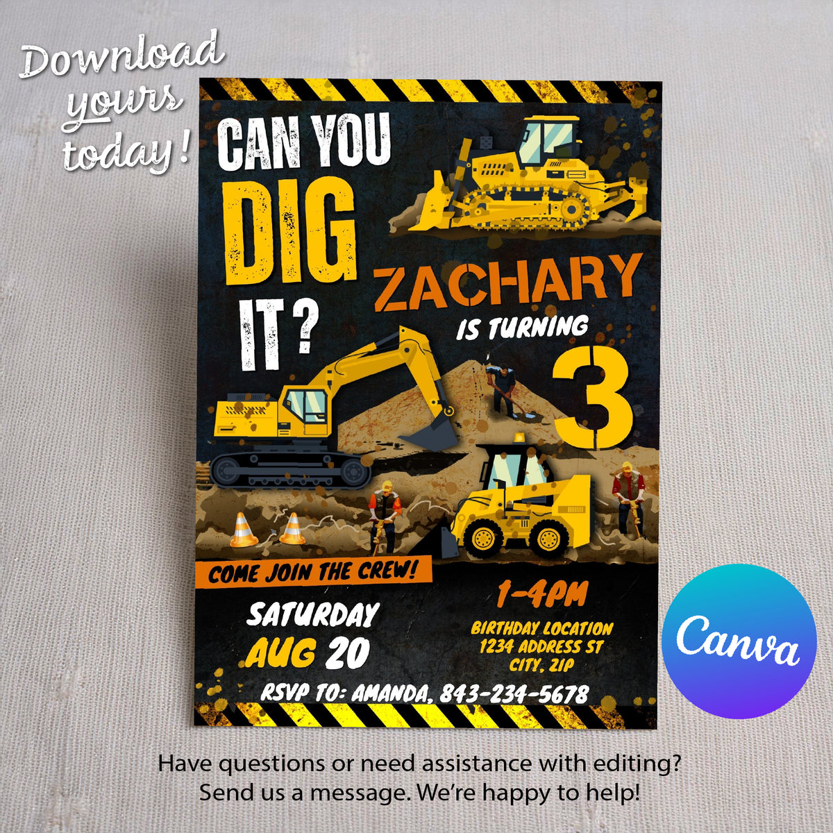 Construction Digger & Bulldozer Invitation Template