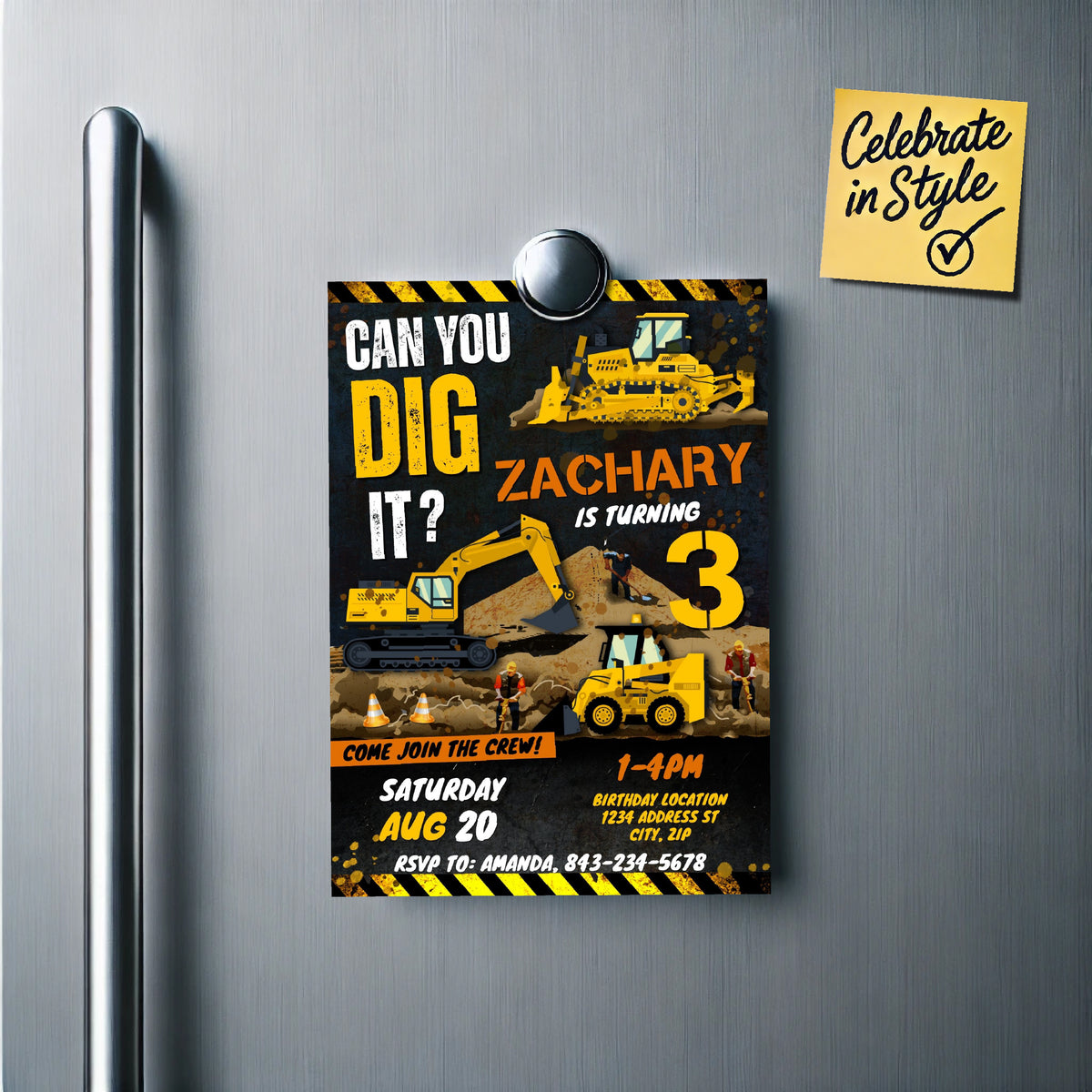 Construction Digger & Bulldozer Invitation Template