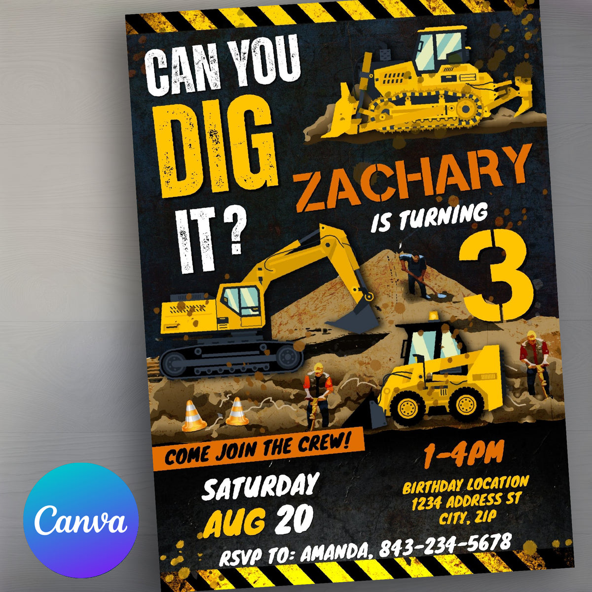 Construction Digger & Bulldozer Invitation Template
