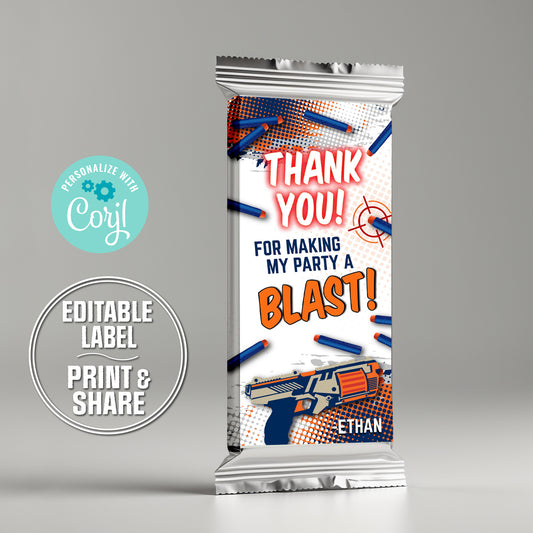Dart Gun Thank You Candy Bar Label, Dart Gun Birthday Party Favor