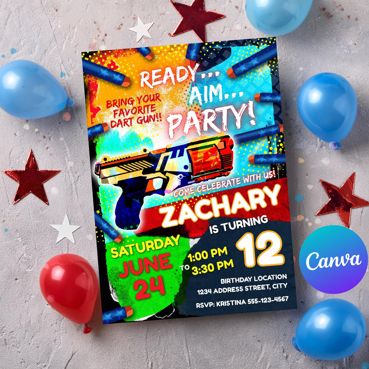 Dart Gun Birthday Invitation Template