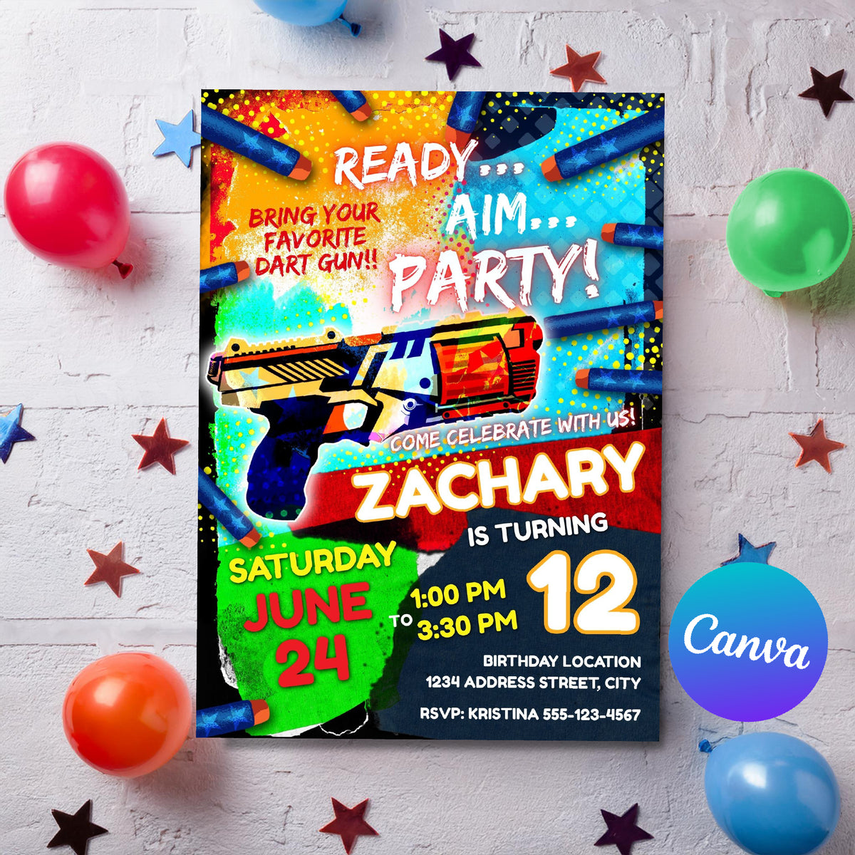 Dart Gun Birthday Invitation Template