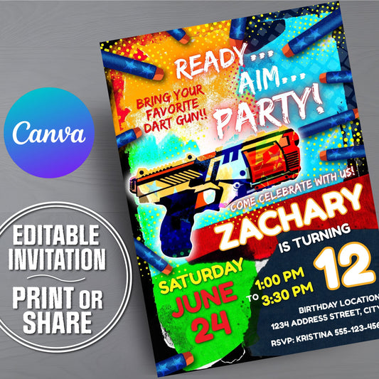 Dart gun birthday invitation template with a dart gun on a colorful festive background.