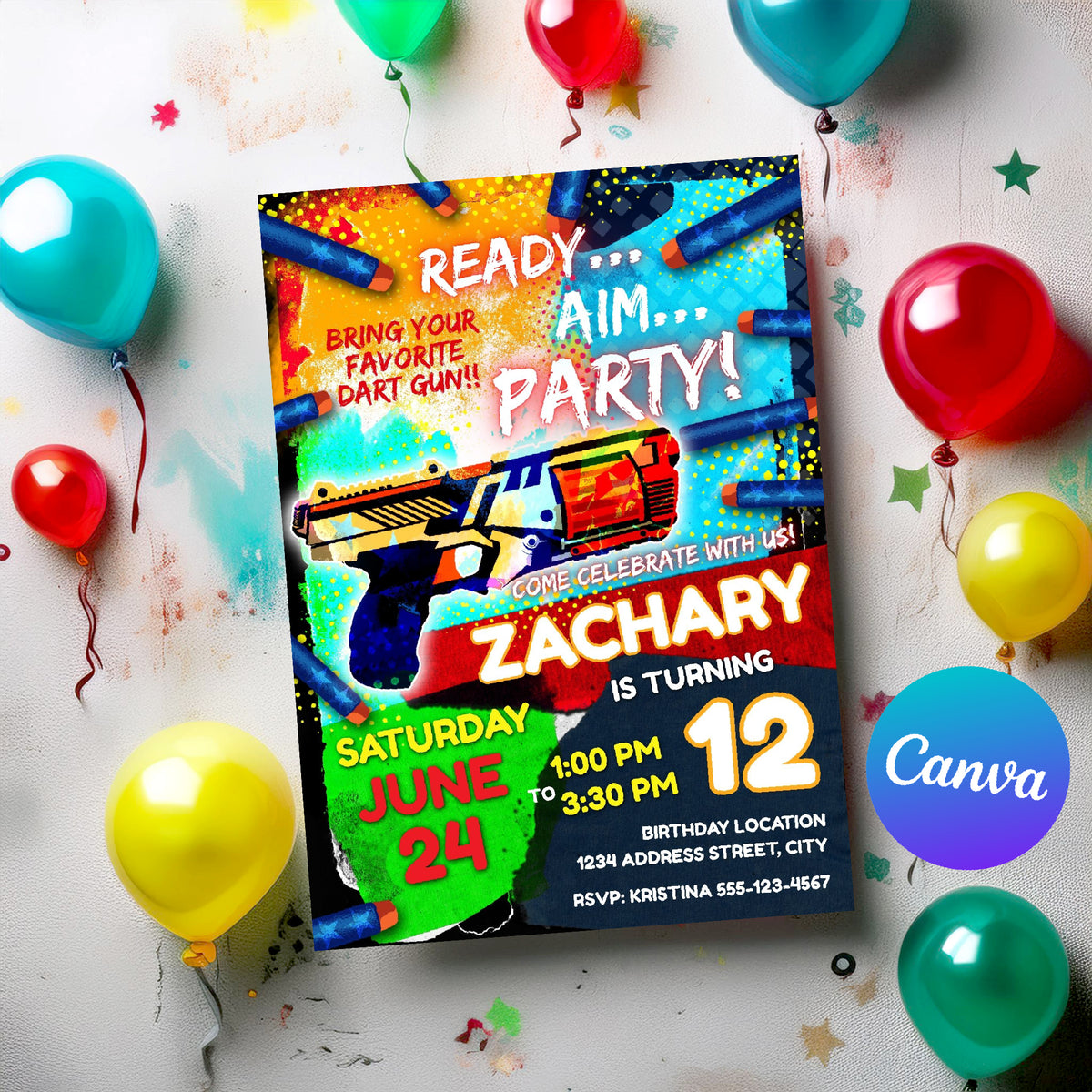 Dart Gun Birthday Invitation Template
