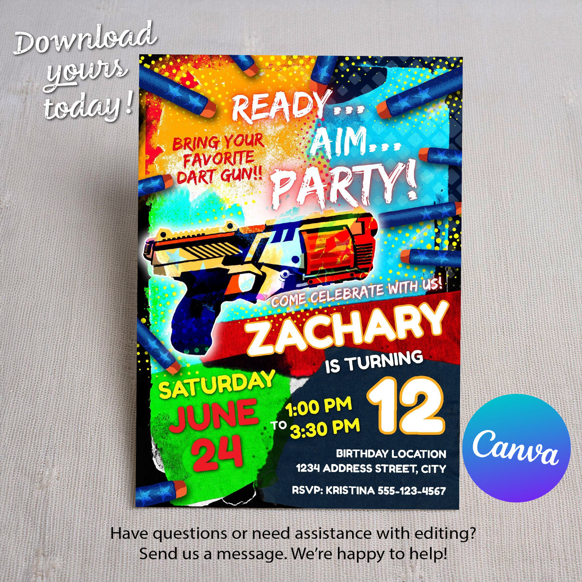 Dart Gun Birthday Invitation Template