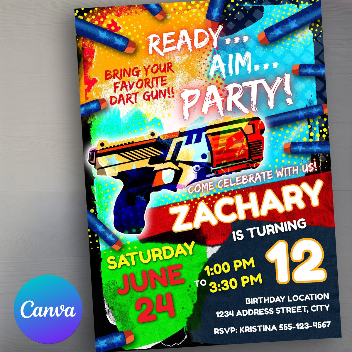 Dart Gun Birthday Invitation Template
