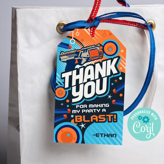 Dart gun birthday party favor tag.
