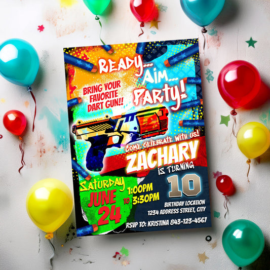 Vibrant Dart Gun Birthday Invitation Template