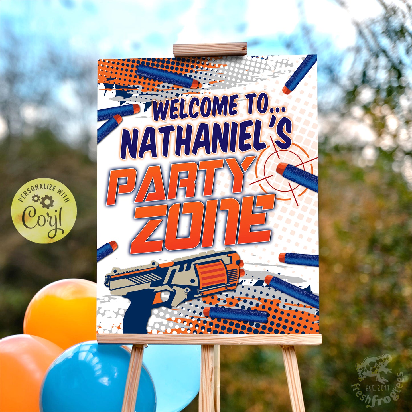 Dart Gun Party Welcome Sign Poster | Orange & Blue Theme