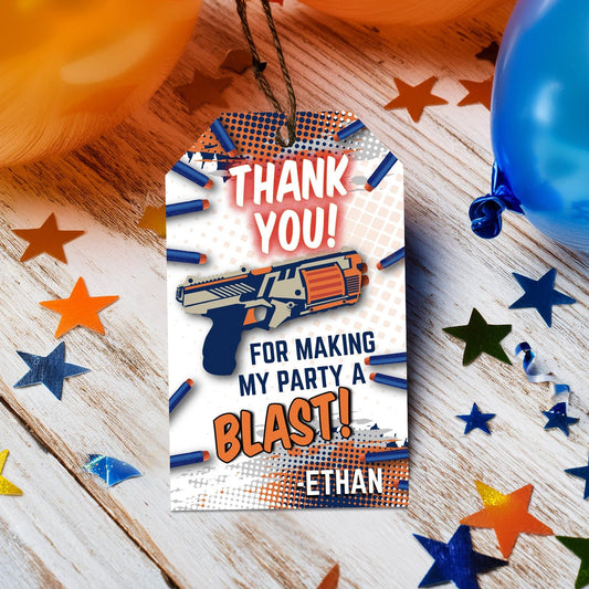 Orange & Blue Dart Gun Party Favor Thank You Tag Template