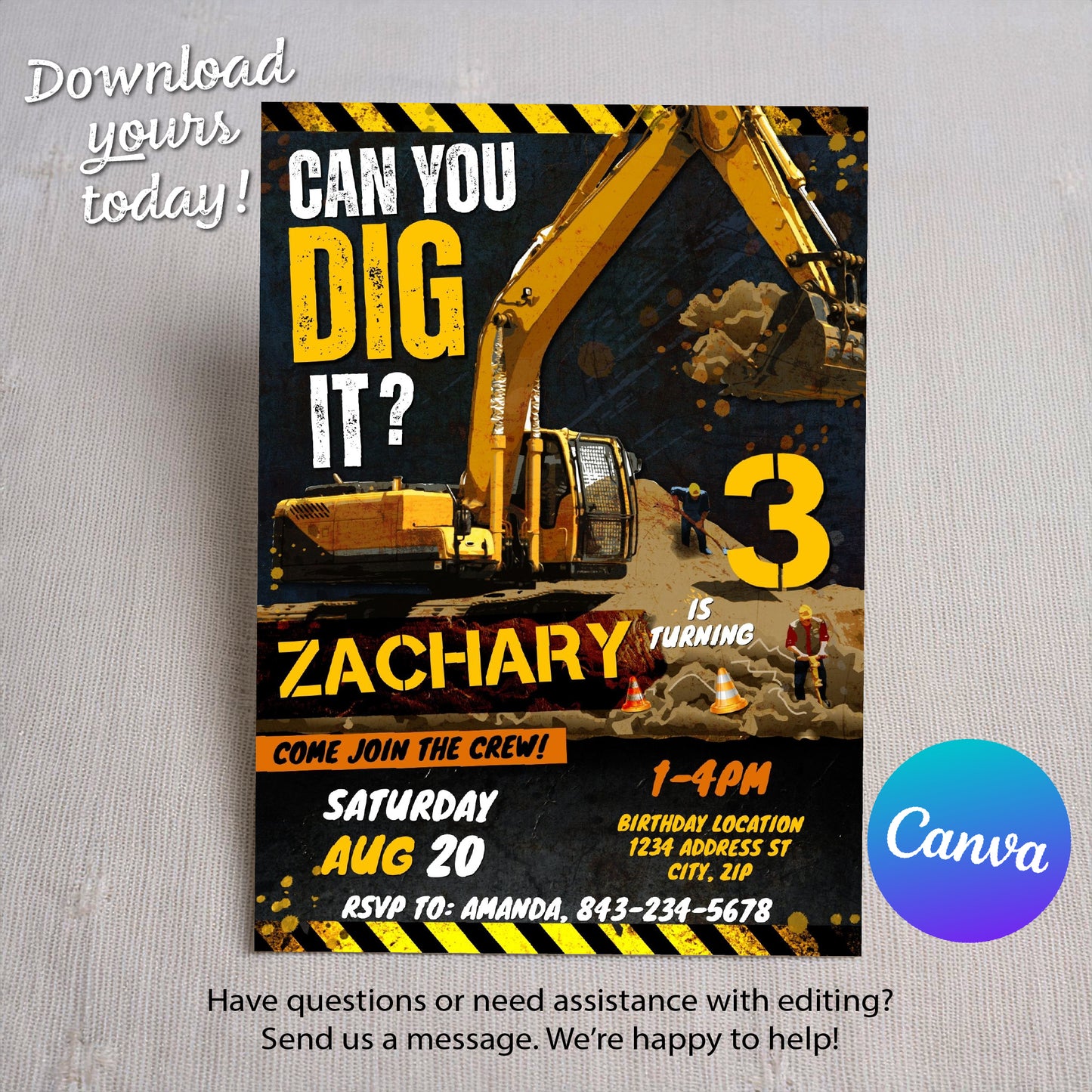 Excavator birthday invitation template