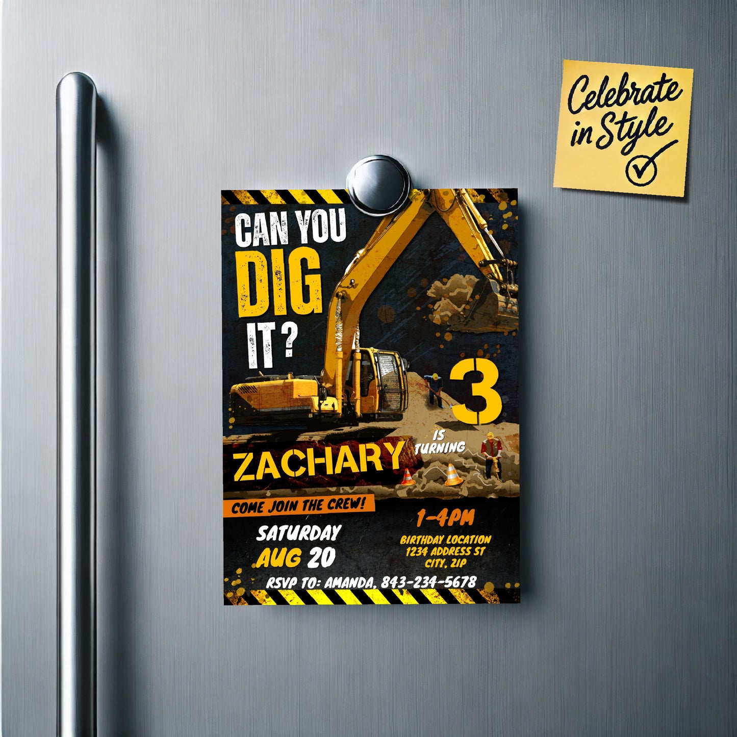 Excavator birthday invitation template