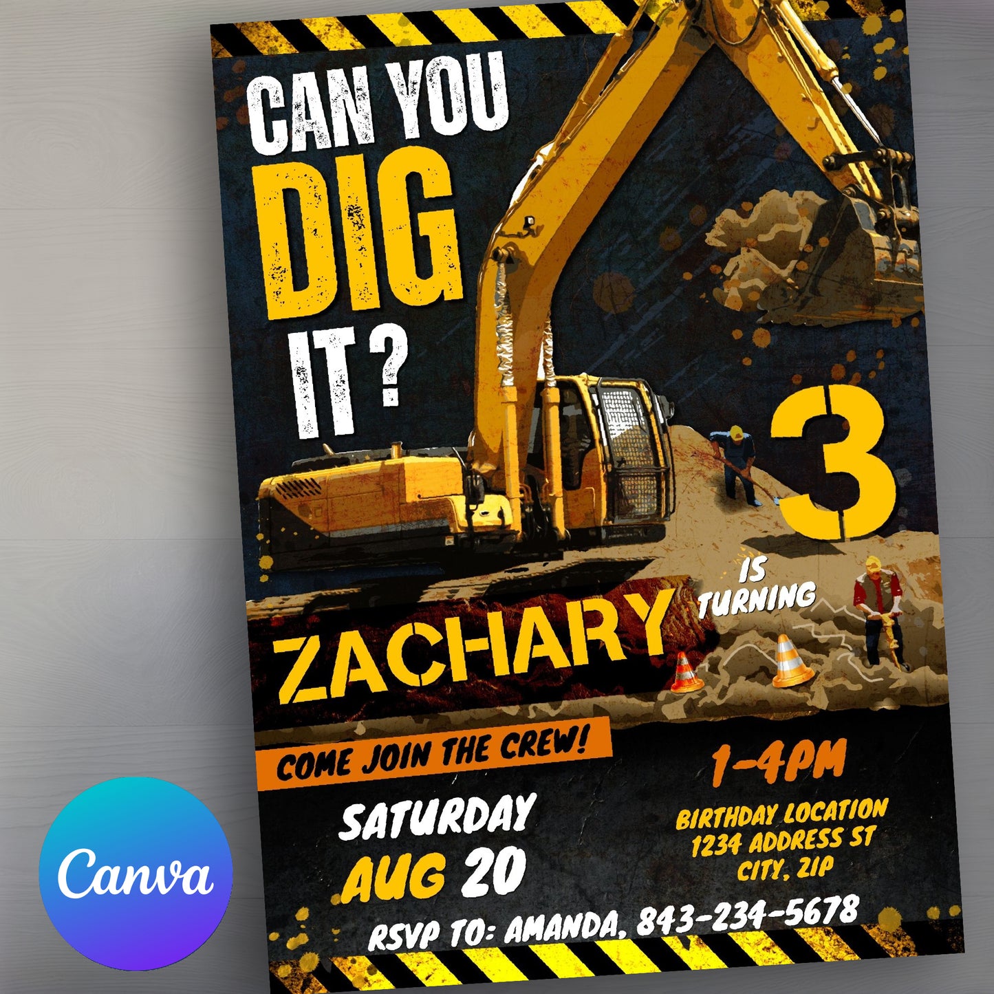 Excavator birthday invitation template
