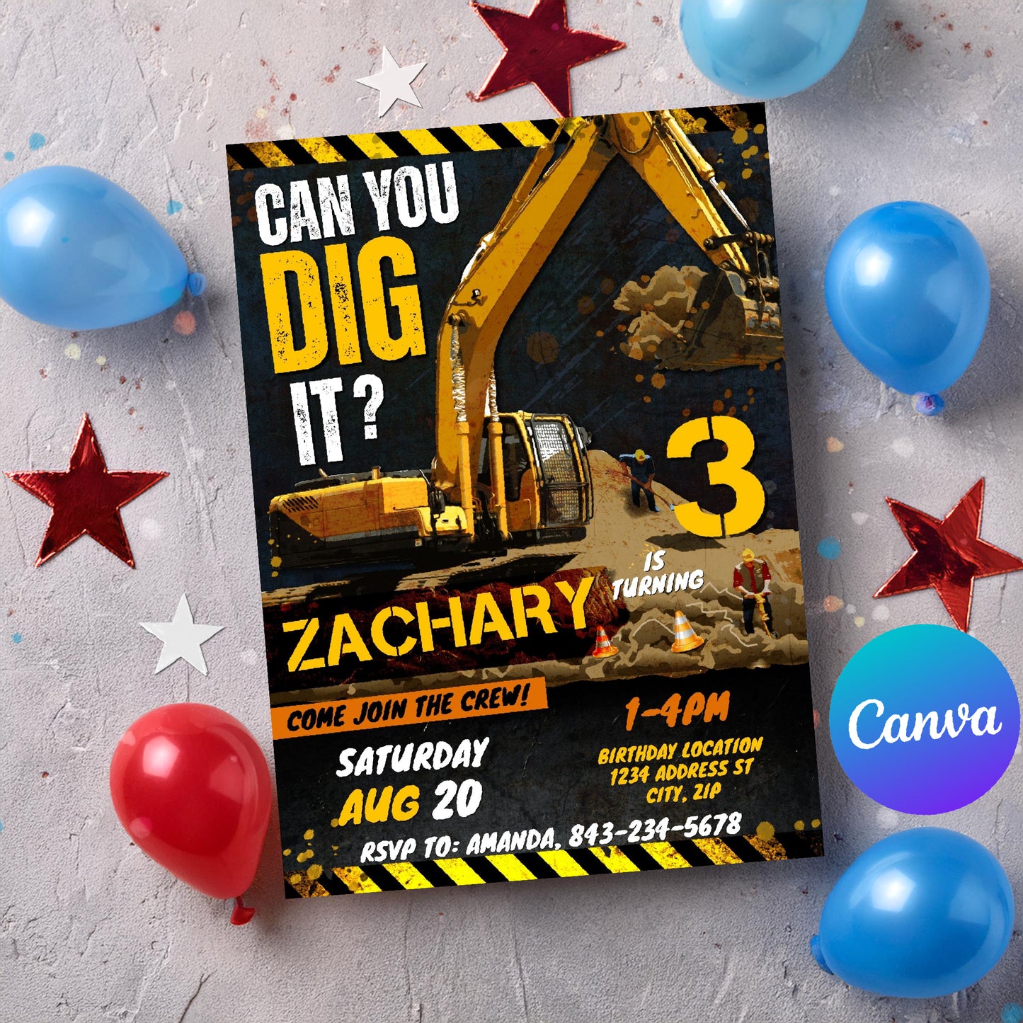 Excavator birthday invitation template