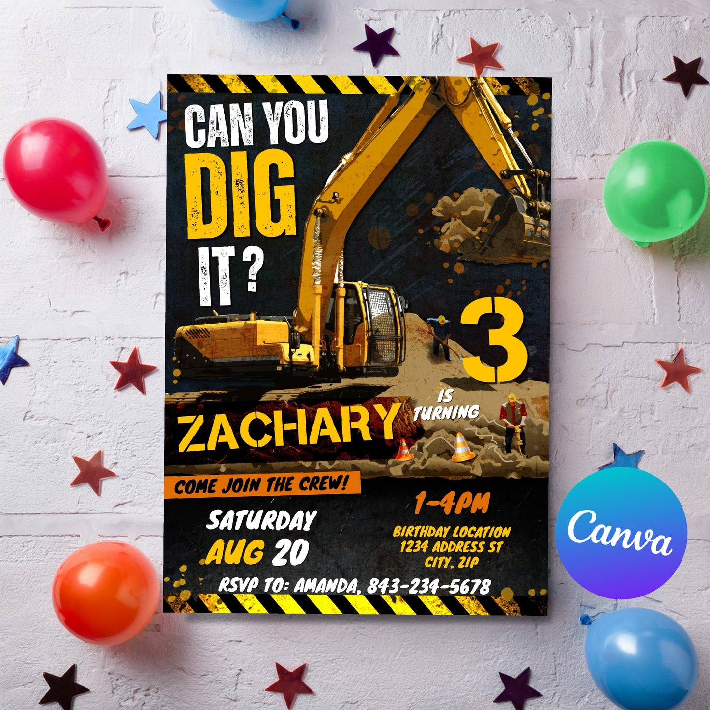 Excavator birthday invitation template