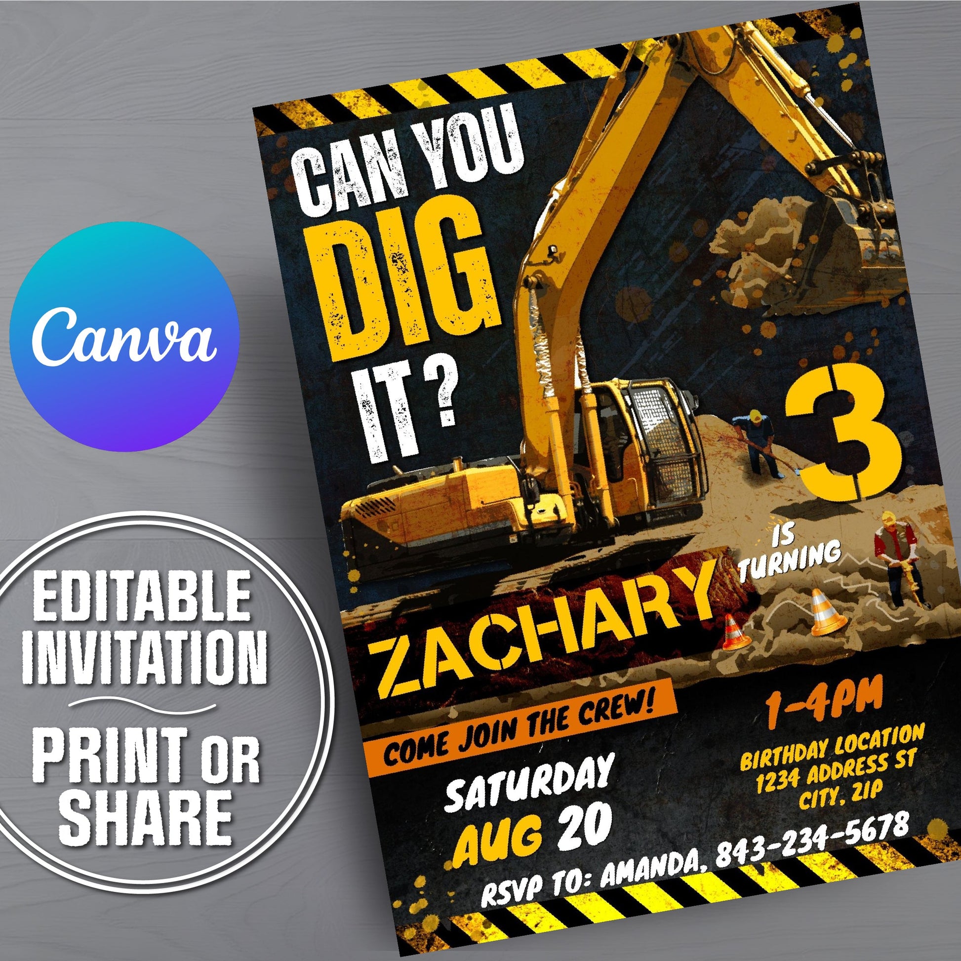 A construction themed third birthday invitation template shown at an angle on a gray background, with Canva and 'Editable Invitation Print or Share' badges. The design features a yellow excavator, bold yellow text, and a dark background with safety hazard stripes.