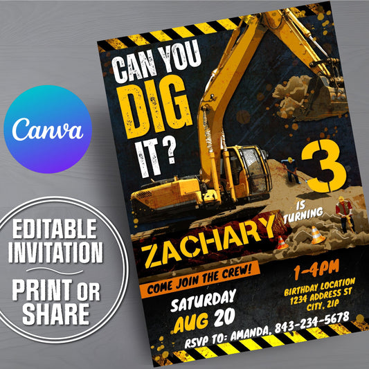 A construction themed third birthday invitation template shown at an angle on a gray background, with Canva and 'Editable Invitation Print or Share' badges. The design features a yellow excavator, bold yellow text, and a dark background with safety hazard stripes.