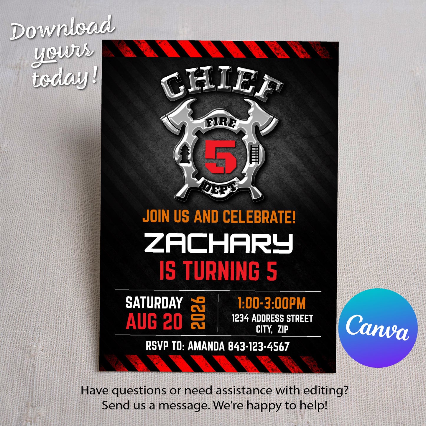 Firefighter themed birthday party invitation