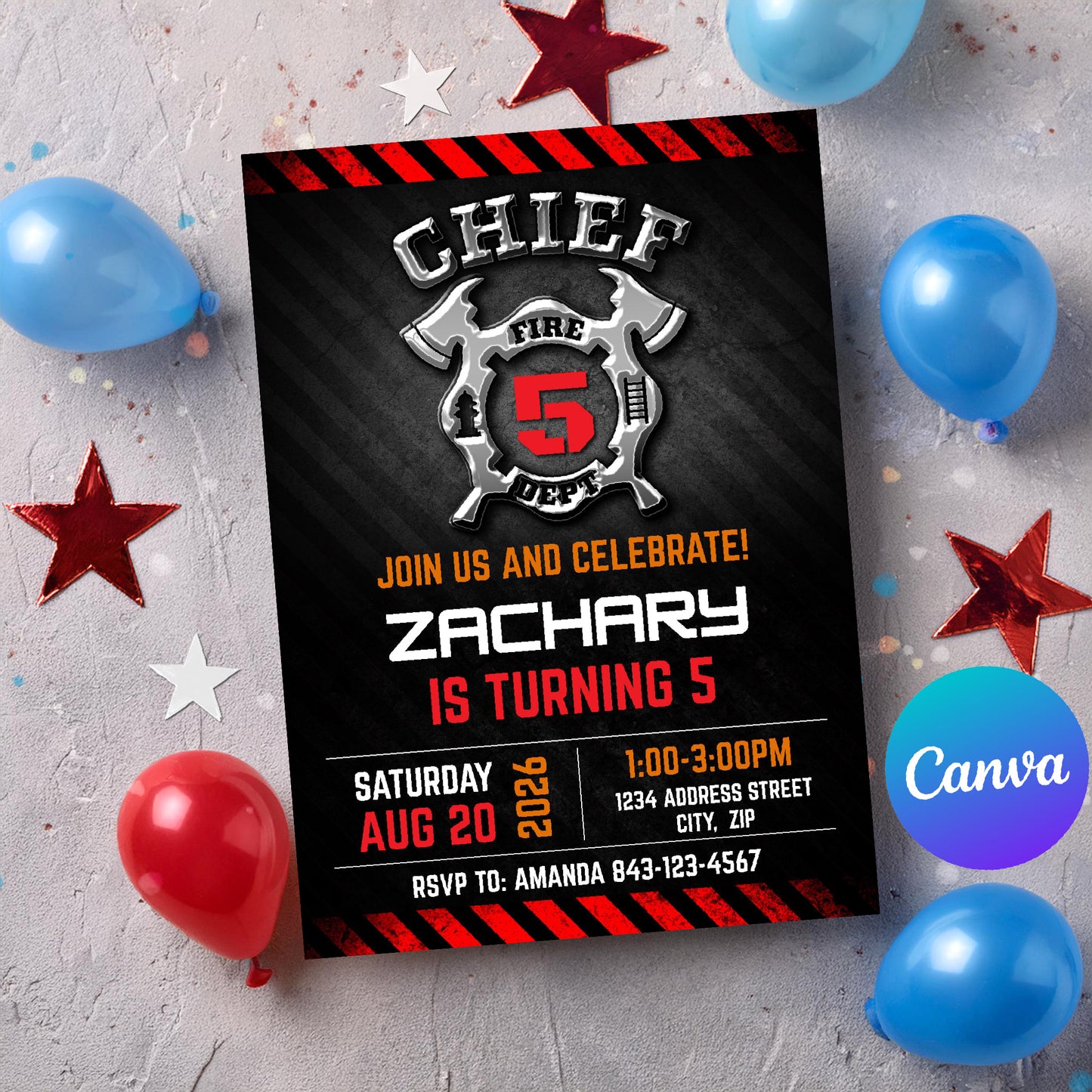 Firefighter themed birthday party invitation