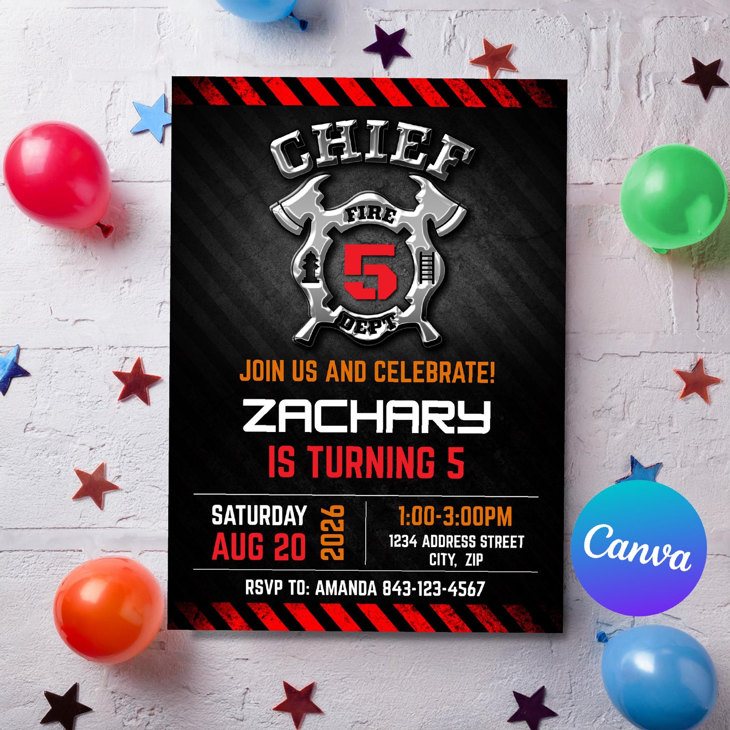 Firefighter themed birthday party invitation