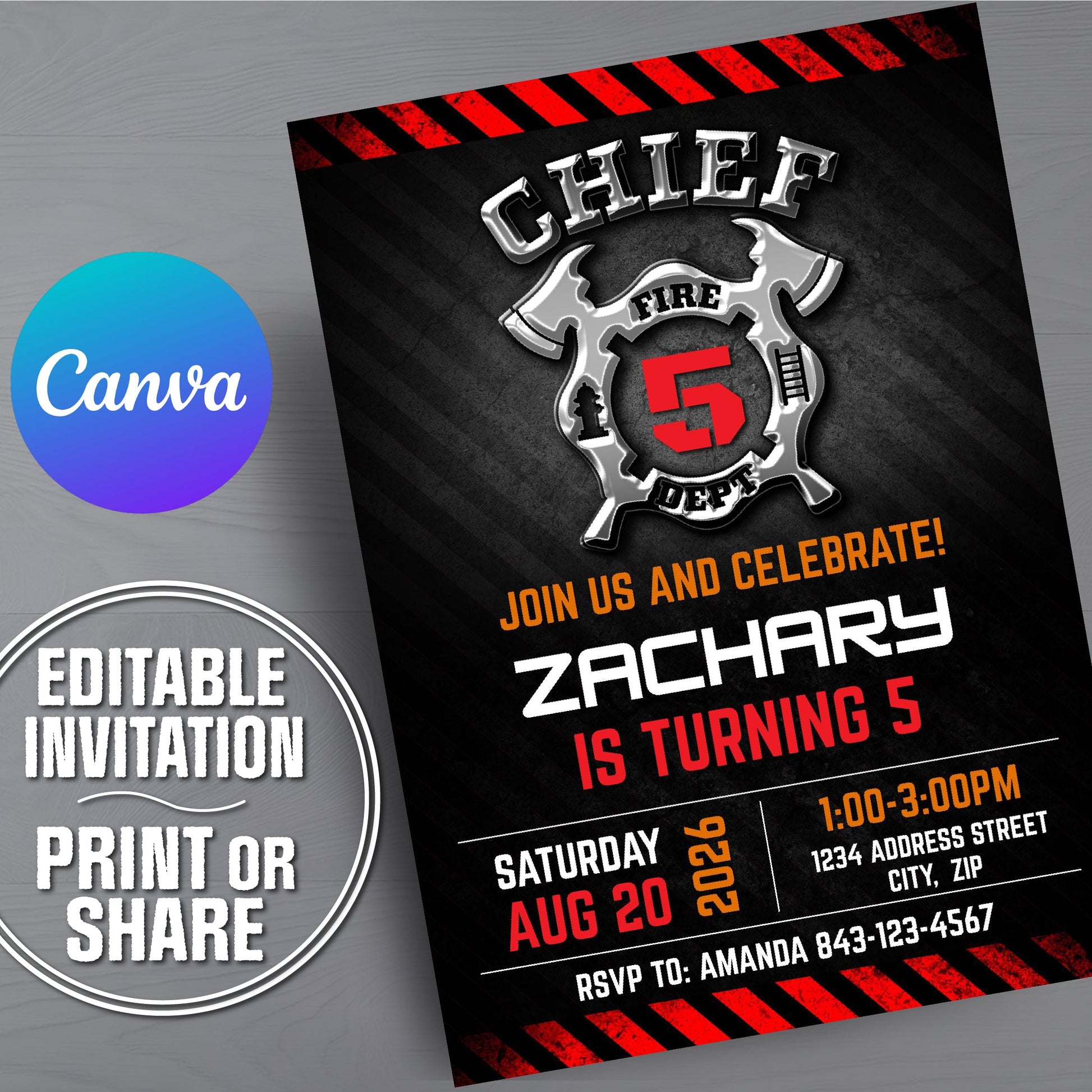 A customizable fire department themed birthday invitation template shown at an angle on a gray wood-textured background, alongside a blue and purple Canva logo and a circular badge indicating it is editable, printable, and shareable.