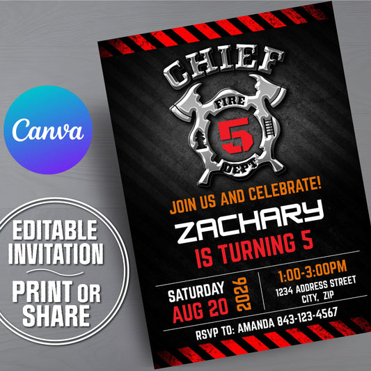A customizable fire department themed birthday invitation template shown at an angle on a gray wood-textured background, alongside a blue and purple Canva logo and a circular badge indicating it is editable, printable, and shareable.