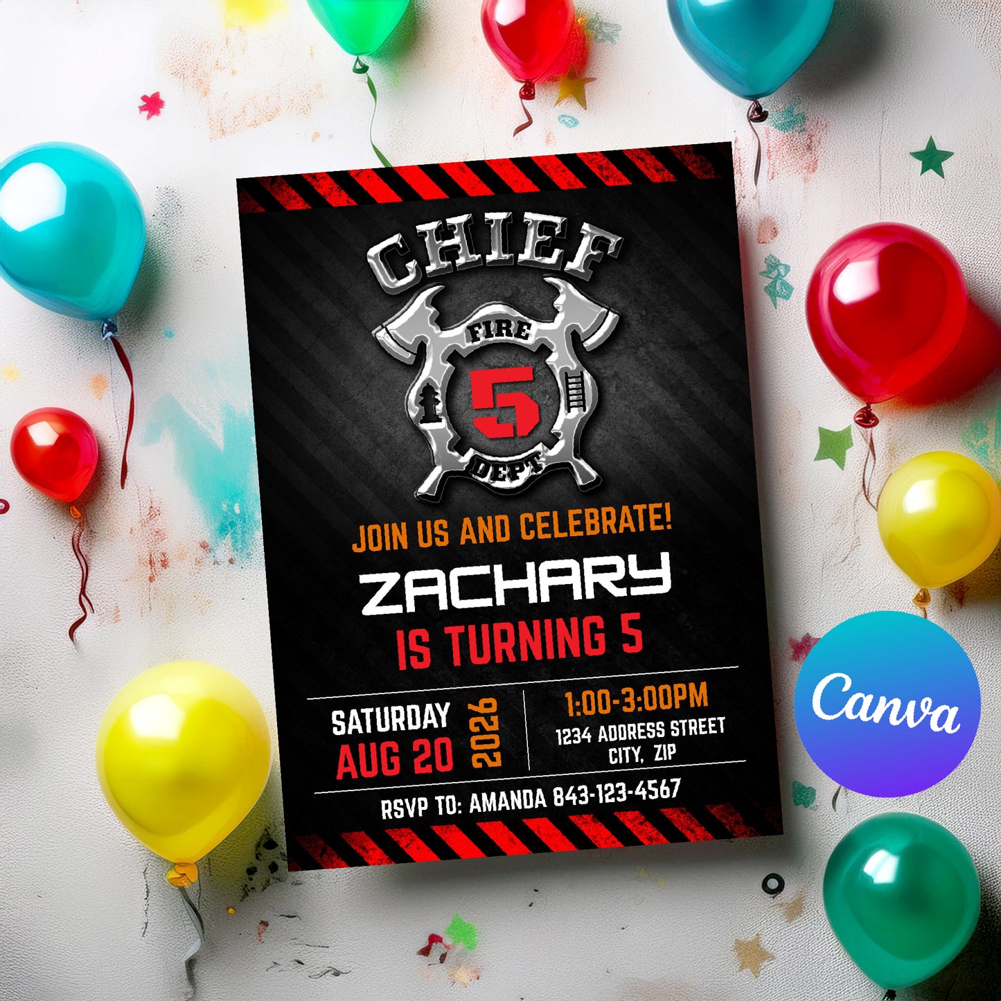 Firefighter themed birthday party invitation