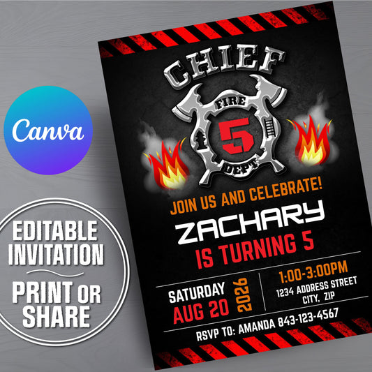 A custom firefighter themed birthday invitation template displayed on a gray stone textured background. The invitation card features a black background with red hazard stripes, a silver fire hydrant and axe graphic with a red '5' in the center, and orange and white text.