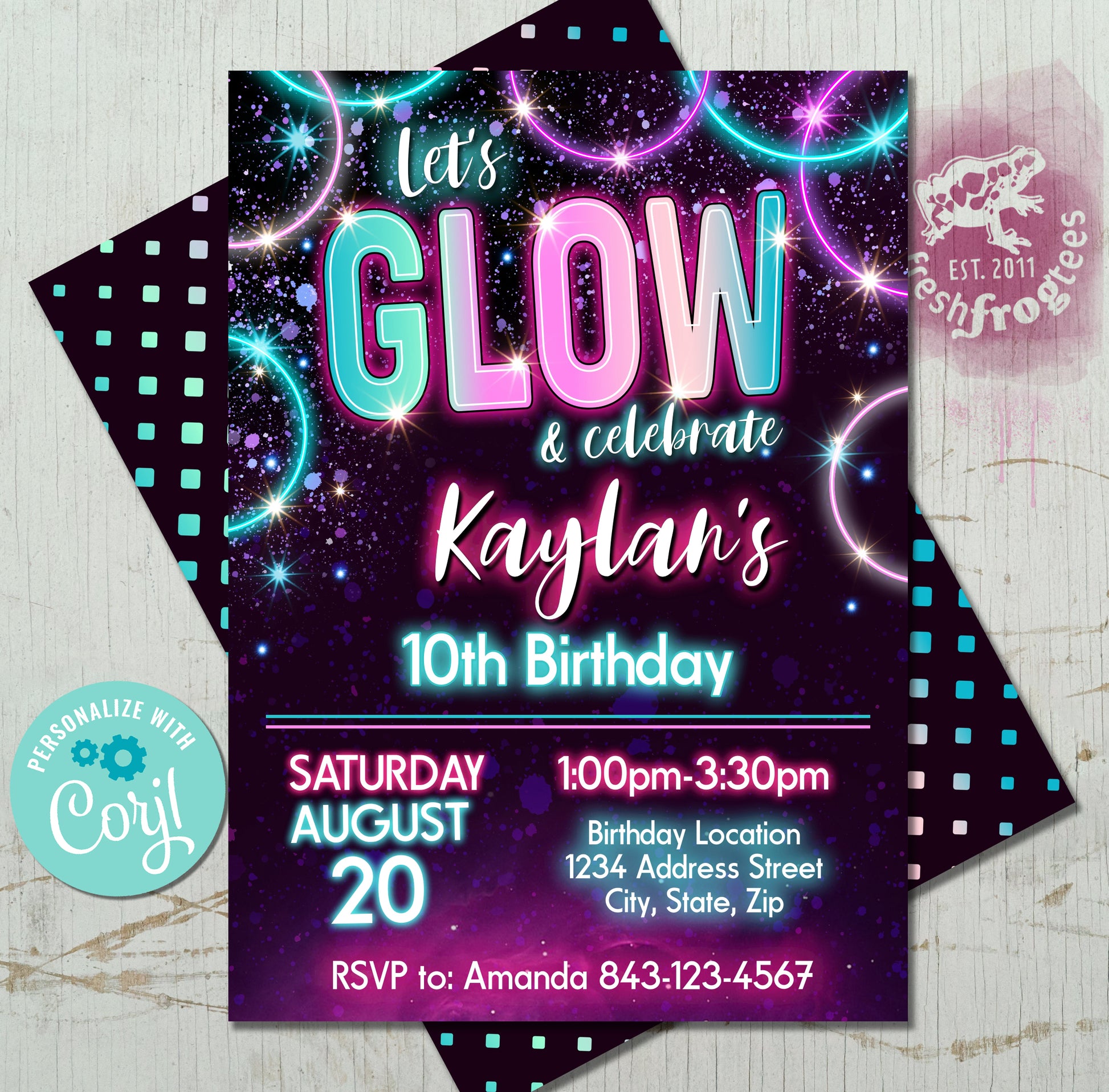 Neon glow party birthday invitation template with bold neon colors and customizable design