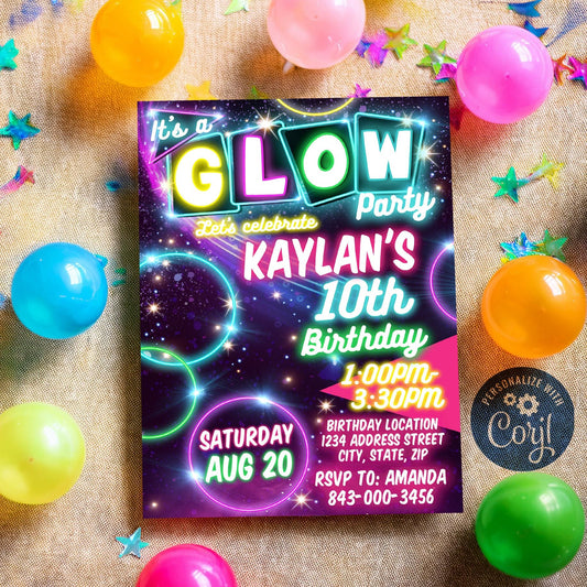 Glow party invitation for boys or girls, Neon Glow invite