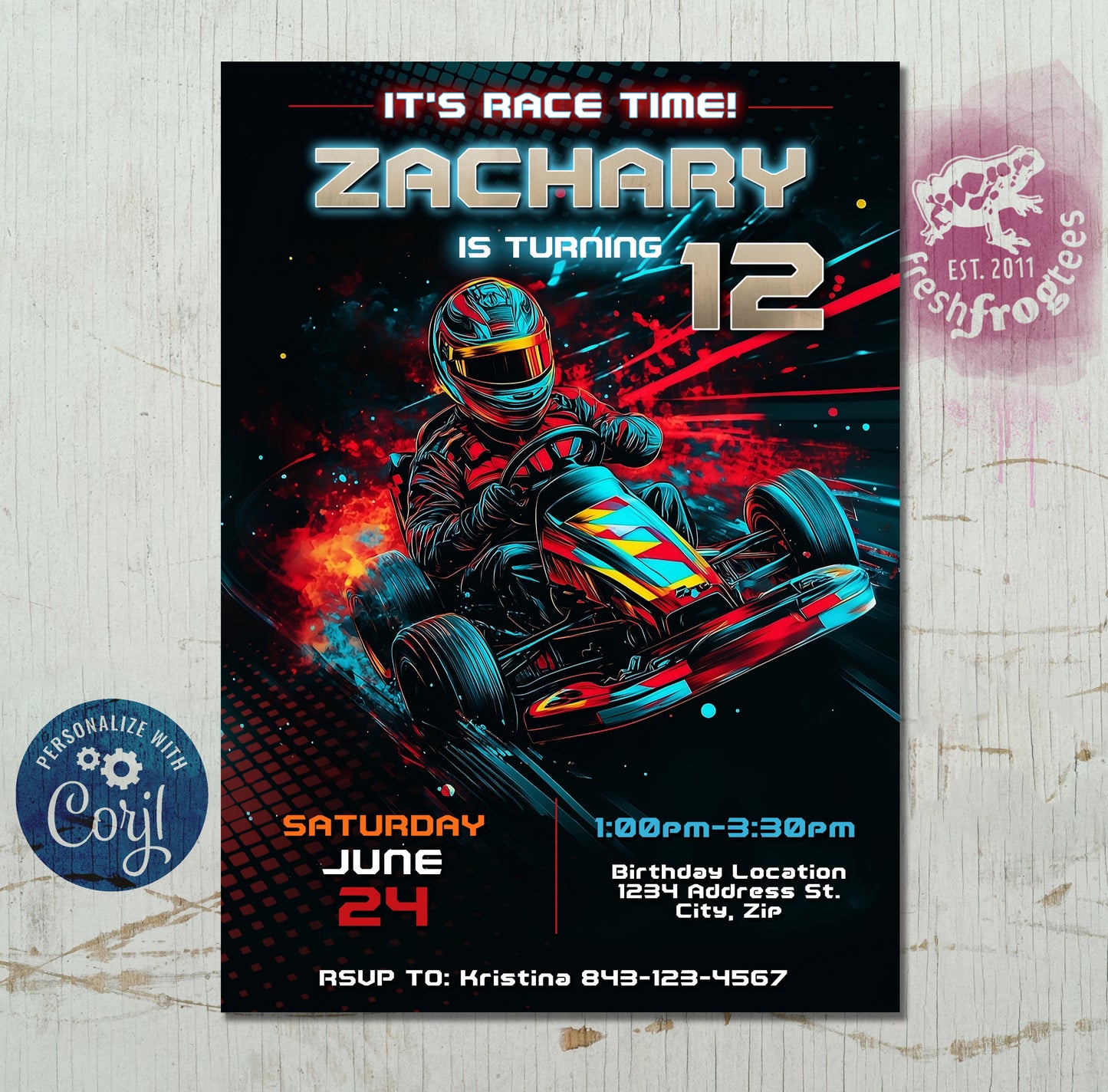 Personalized Go Kart Birthday Invitation | Race Car Party Invite for Kids template