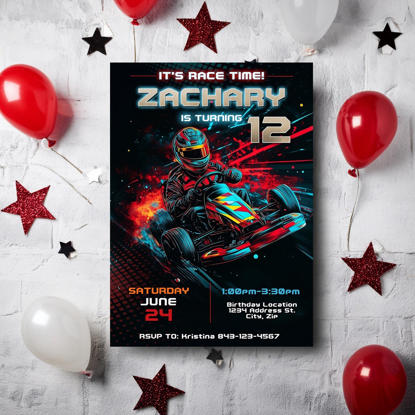 Personalized Go Kart Birthday Invitation | Race Car Party Invite for Kids template