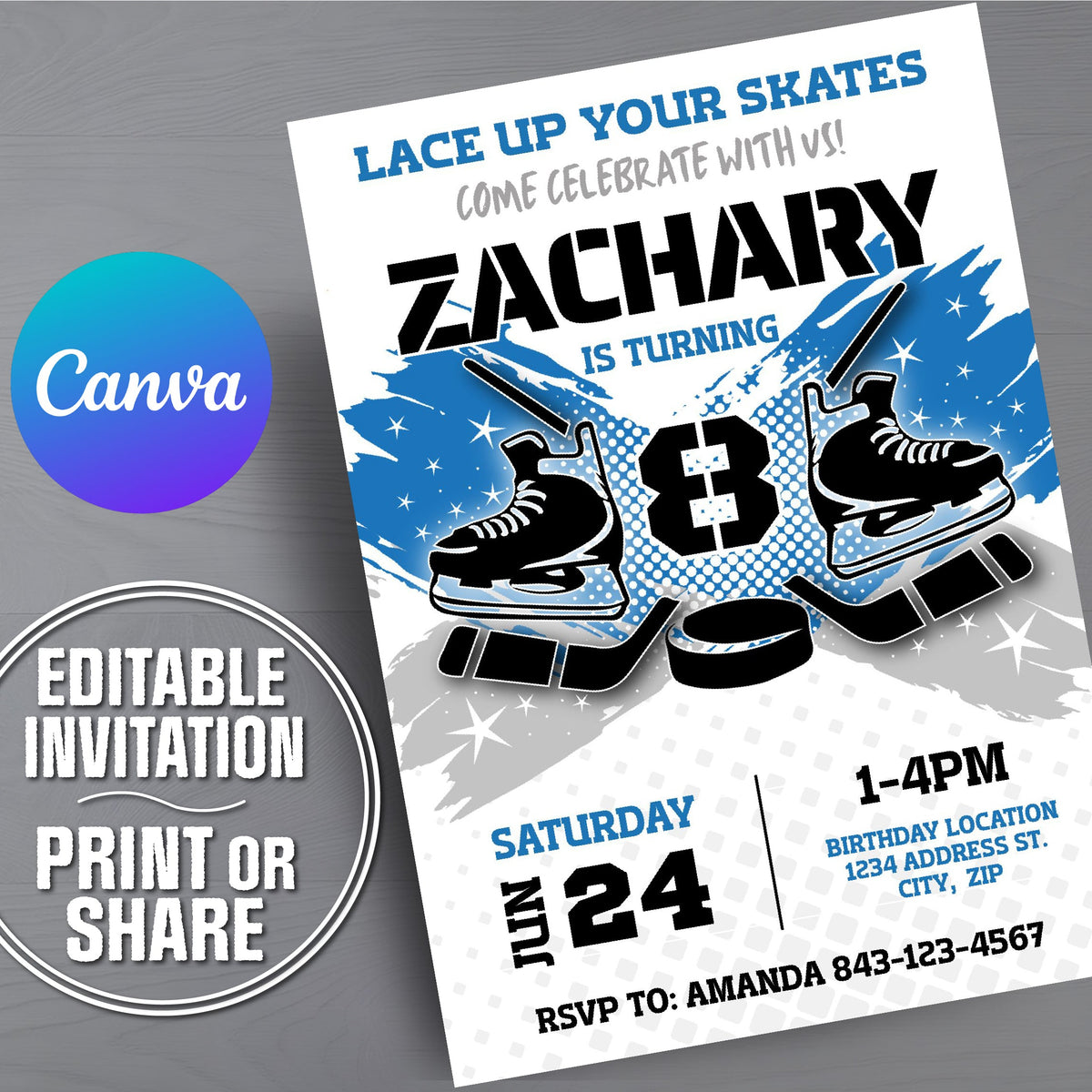 An editable hockey themed 8th birthday invitation card for Zachary, shown at an angle on a gray textured background with Canva. The card features a white base with blue and black graphics of ice skates, rinks, and stars.