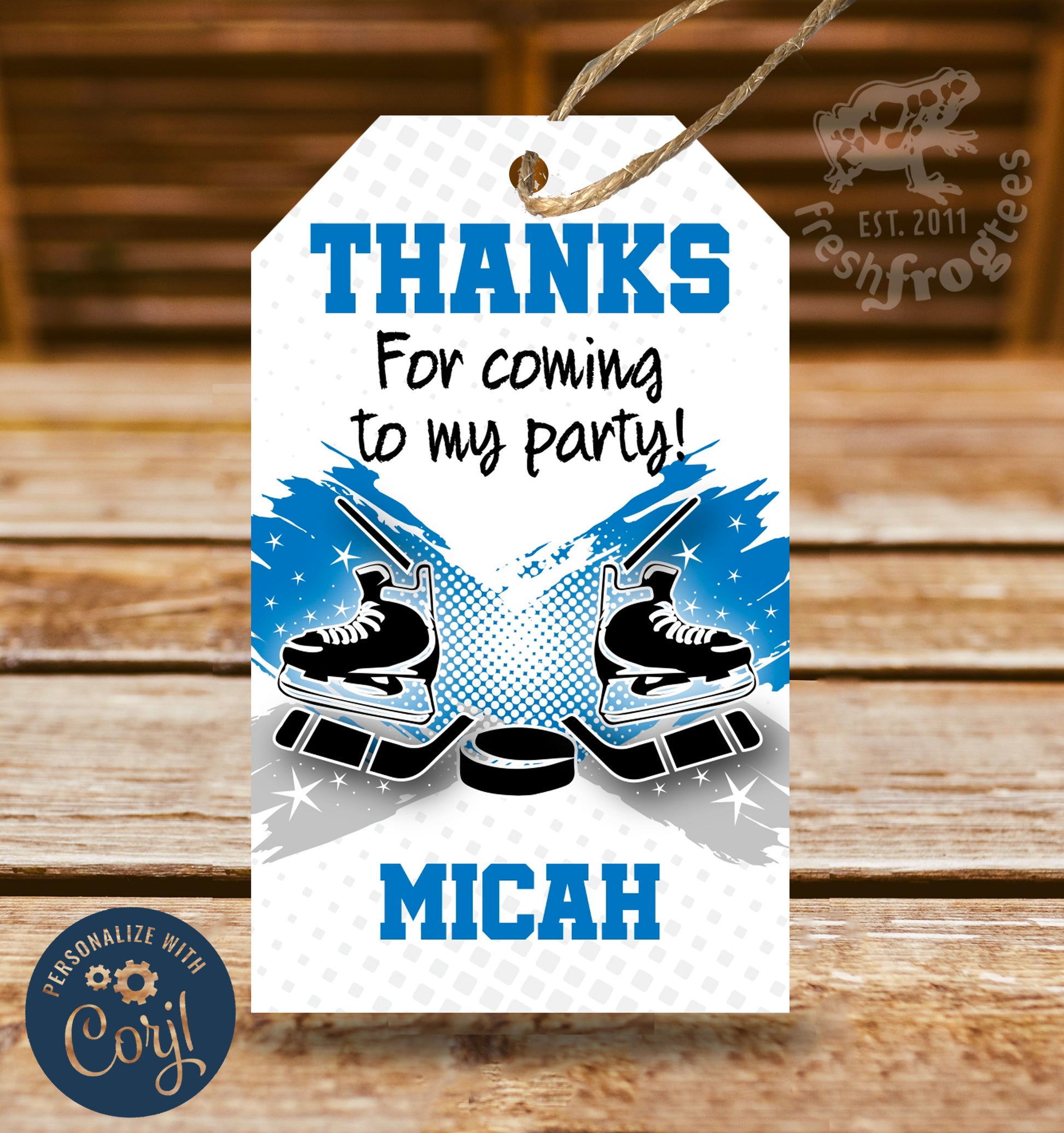Editable hockey-themed party favor thank you tag template with hockey sticks and pucks design, perfect for kids' birthday parties. Instant download and easy to personalize.