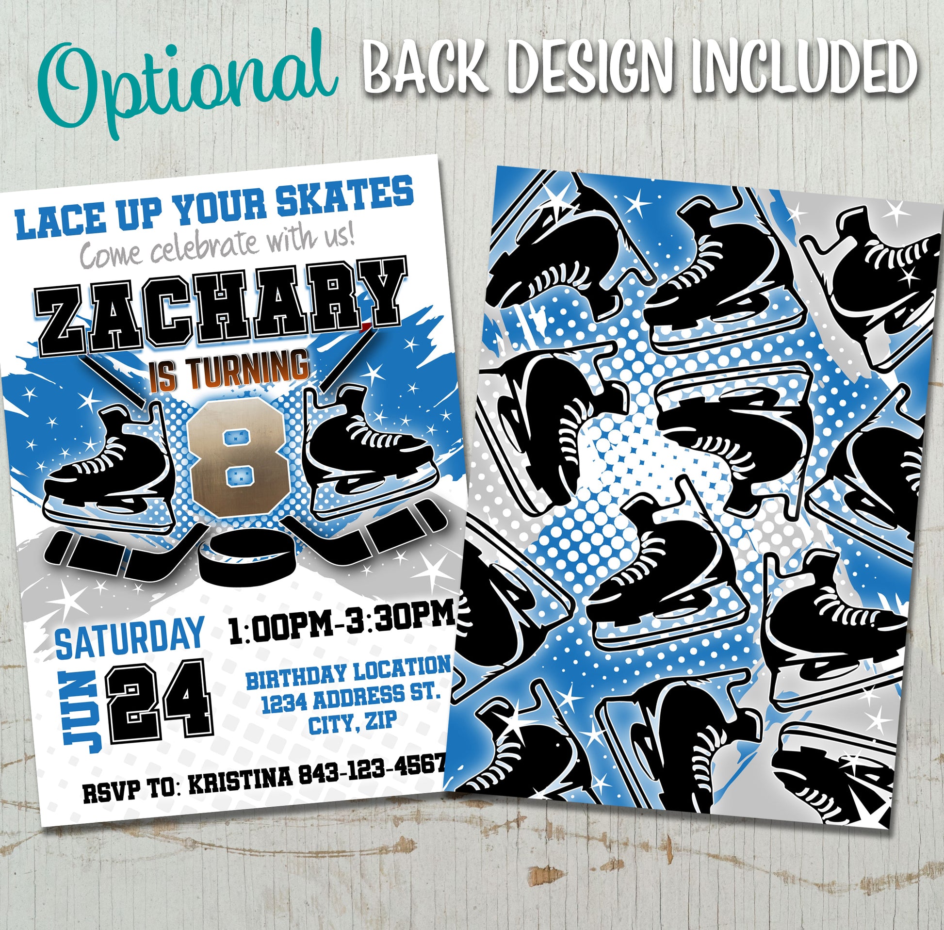 Skating birthday invitation, Hockey Birthday Invite BLUE
